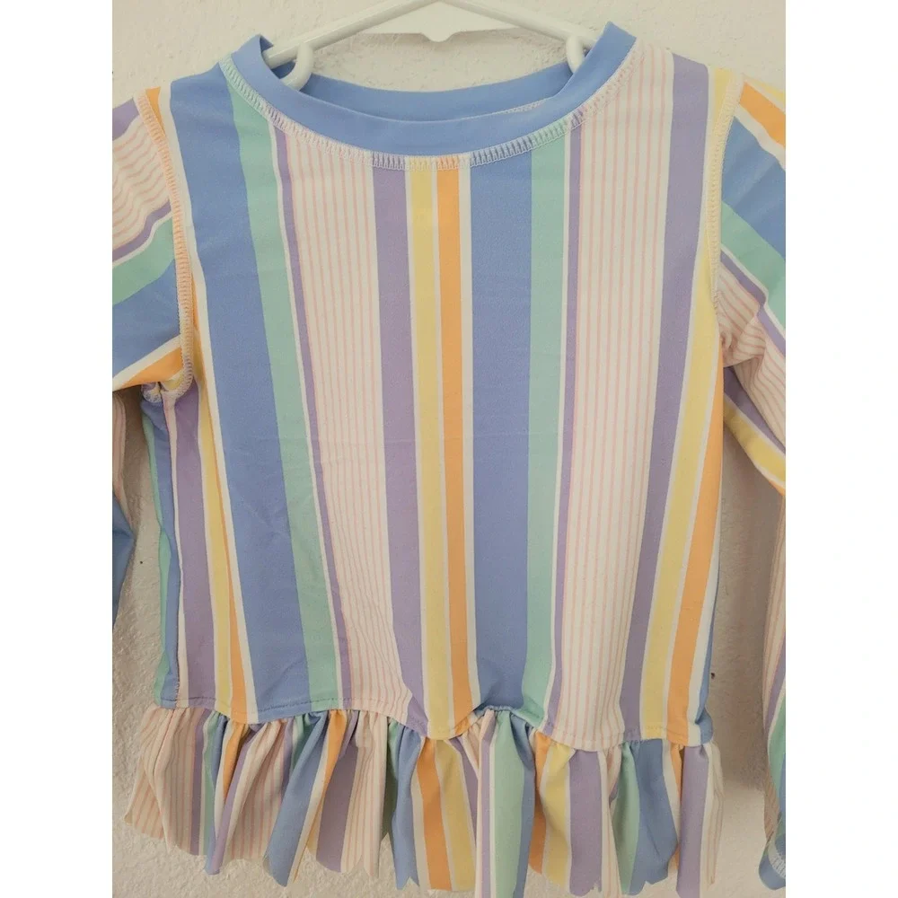 Ruffle‎ Butts Toddler Girls 3T Rash Guard Long Sleeve Stripe Ruffle Swim Top #2